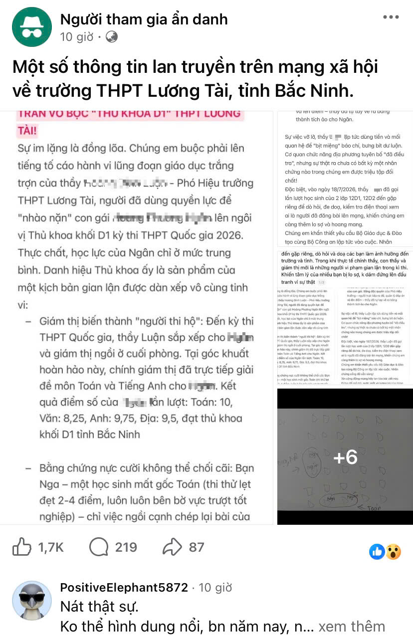 Thủ khoa của tỉnh bị tố được giám thị nhắc bài, hiệu trưởng mời công an vào cuộc - Ảnh 2.