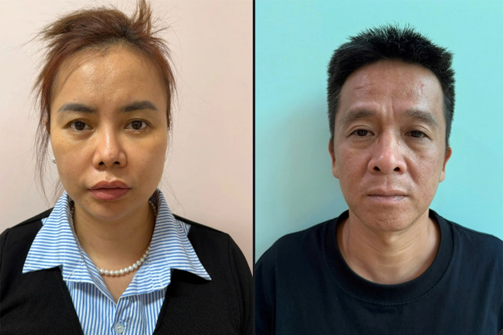 Nguyễn Ái Châu (trái) và Trần Quốc Thái tại cơ quan điều tra. Ảnh: Ngọc Oanh