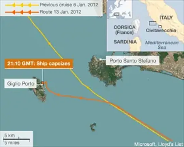 Đường màu vàng thể hiện tuyến hành trình được lập ban đầu của Costa Concordia; đường màu cam là hướng đi lệch. Ảnh: British Broadcasting Corporation