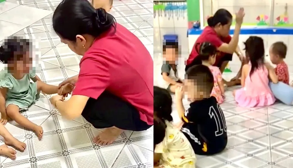 Bảo mẫu đánh, búng dây thun khiến trẻ khóc thét tại trường mần non. Ảnh cắt từ video