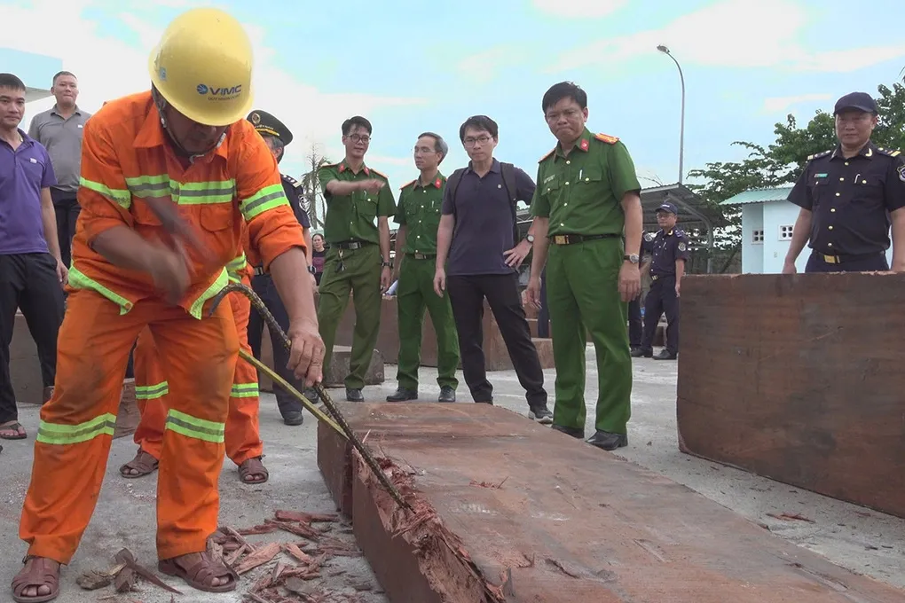 Cơ quan chức năng sử dụng máy soi nghiệp vụ kết hợp khoan, cắt các hộp gỗ để kiểm tra. Ảnh: Công an Gia Lai
