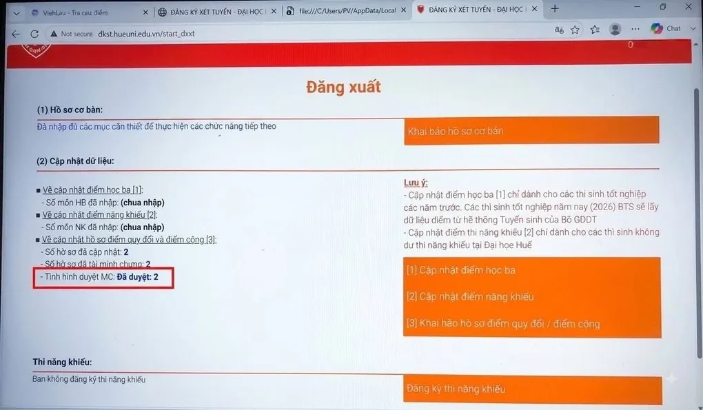 Thông tin trả về cho Khánh sau khi nộp minh chứng xét tuyển trên hệ thống của Đại học Huế. Ảnh: Nhân vật cung cấp