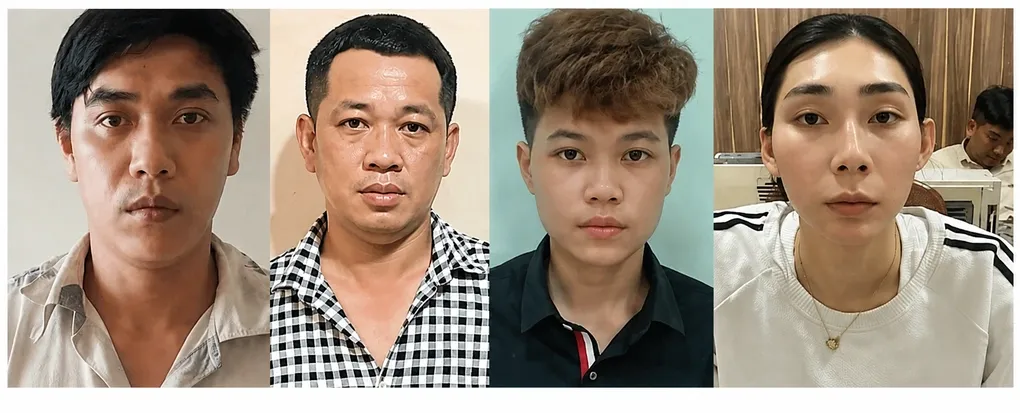 Dương Hoàng Văn, Lê Văn Cà, Lâm Quốc Kiệt, Trương Thùy Dương (từ trái sang) tại cơ quan điều tra. Ảnh: Dương Đông