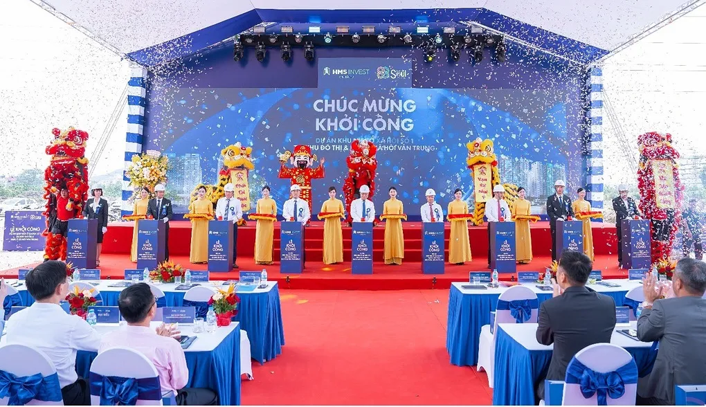 Nghi thức khởi công dự án khu nhà ở xã hội số 1 tại khu đô thị, nhà ở xã hội Vân Trung, đánh dấu bước khởi đầu của Soul Center Vân Trung tại Bắc Ninh. Ảnh: HMS Invest