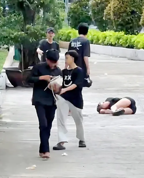 Nhóm lang thang đánh người cướp túi xách. Ảnh: Cắt từ video