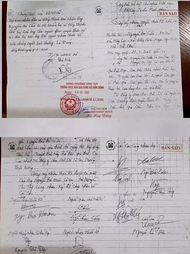 Bản sao của văn bản được cụ ông và 6 người con lập năm 2006, thất lạc 15 năm, được tòa sơ thẩm công nhận tính hợp pháp. Ảnh:Danh Lam