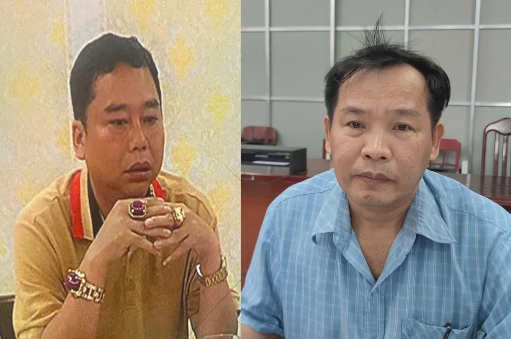 Thái Huy Phong (trái) và bị can Trần Nhật Trường tại cơ quan điều tra. Ảnh: Dương Đông