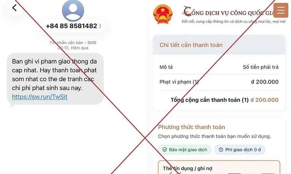 Tin nhắn lừa đảo về phạt nguội. Ảnh: Công an Hà Nội