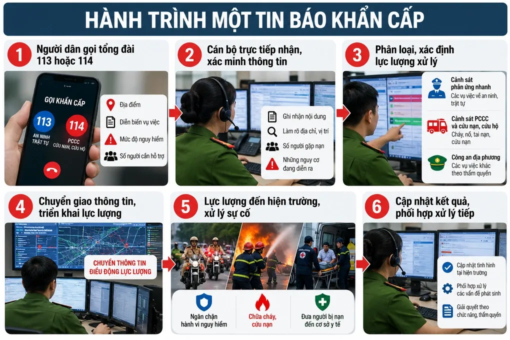 Quy trình tiếp nhận, chuyển tin và điều phối lực lượng xử lý sự cố khẩn cấp tại Trung tâm chỉ huy. Ảnh: minh hoạ