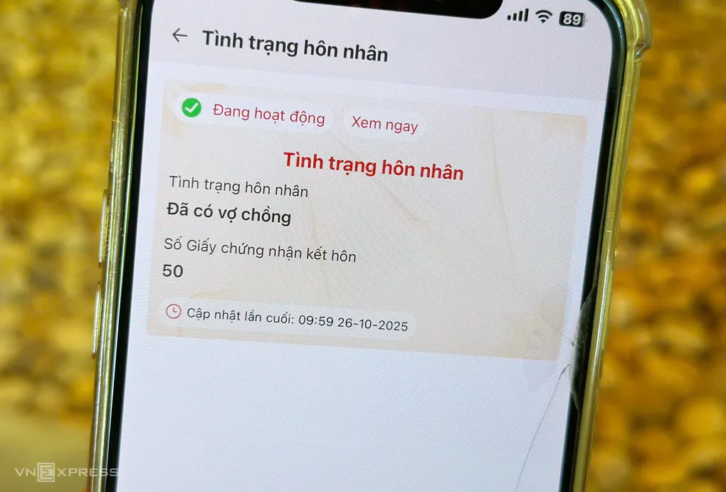 Tình trạng hôn nhân hiển thị trên VNeID của một công dân. Ảnh: Phạm Dự