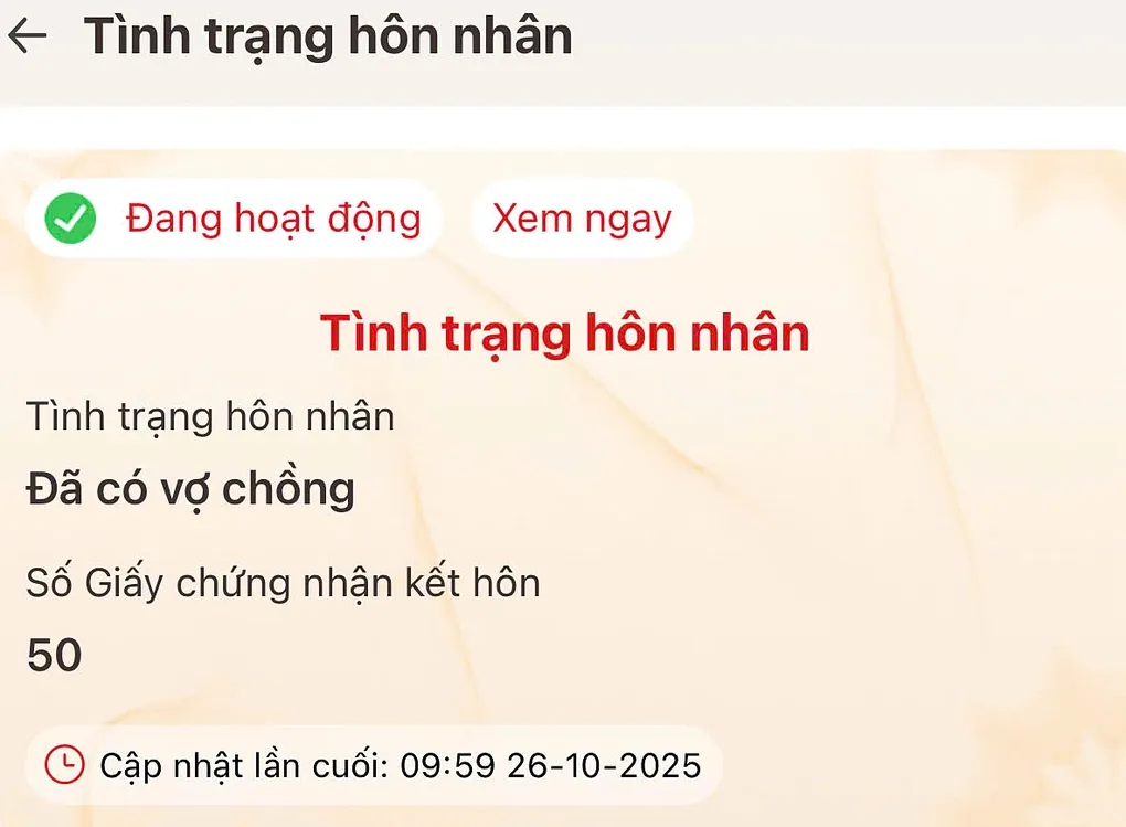 Tình trạng hôn nhân của một công dân trên VNeID. Ảnh: Chụp màn hình