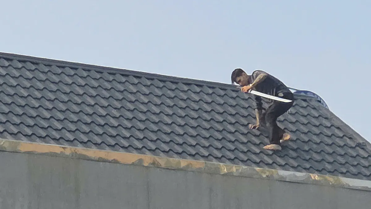 Cảnh sát đang vây bắt hai người cầm kiếm cố thủ trên mái nhà