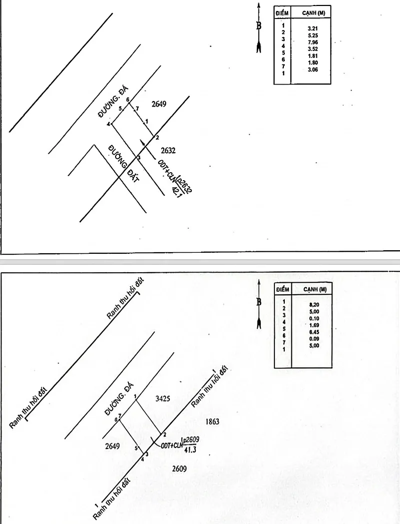 Kết quả đo đạc hiện trạng thửa đất của ông Nam (trên) và ông Đình (dưới). Ảnh: Chụp từ tài liệu